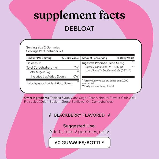 Lemme Debloat - Digestive & Gut Health Gummies with 2 Clinically Studied Probiotics & Prebiotic, Vegetarian, Gluten Free, Non GMO, BlackBerry Flavor (60 Count)