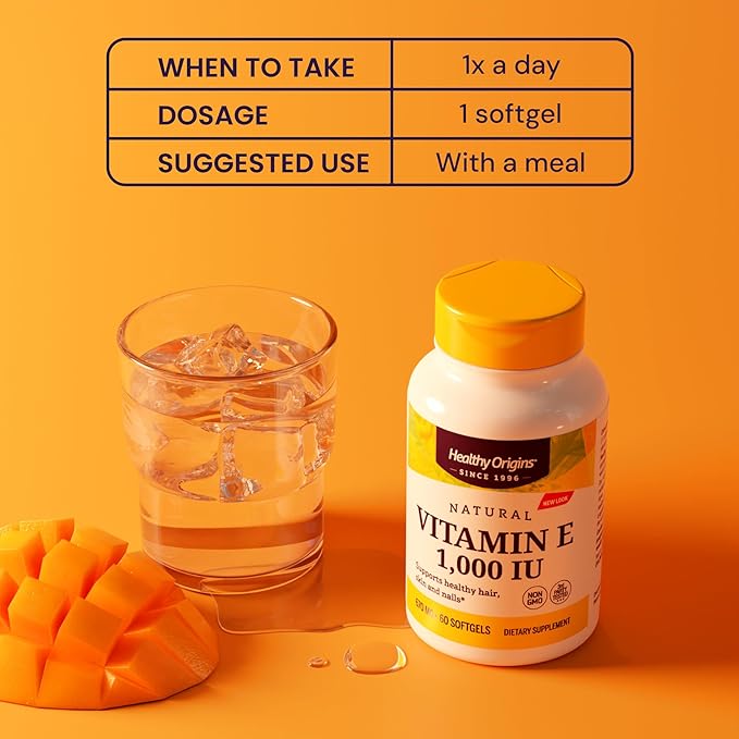 Healthy Origins Vitamin E, 1,000 IU (Natural) Mixed Tocopherols - Vitamin E Supplement - Gluten-Free & Non-GMO Skin, Hair & Nails Vitamin - 120 Softgels