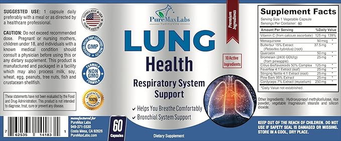 Lung Support Supplement, Lung Cleanse & Lung Detox Formula, Lung Health Support for Clear Lungs, Comfortable Breathing, Bronchial Health, 60 Capsules