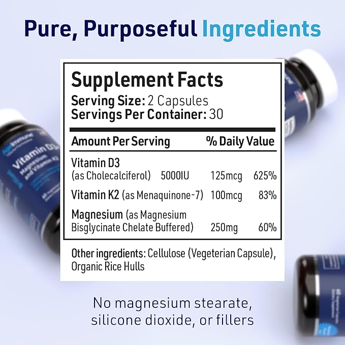 AgeImmune Brilliant D3+ Complex - 60 Capsules - 5000 IU Vitamin D3 + K2 + Magnesium Glycinate Supplement - Doctor Formulated for Immune & Bone Support - No Stearates, No Dioxides