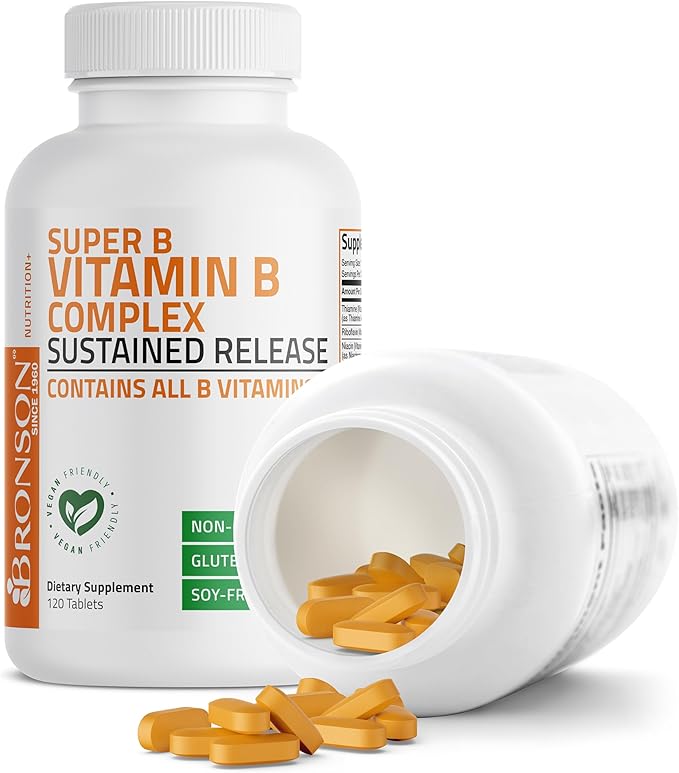 Bronson Super B Vitamin B Complex Sustained Slow Release (Vitamin B1, B2, B3, B6, B9 - Folic Acid, B12) Contains All B Vitamins 120 Tablets