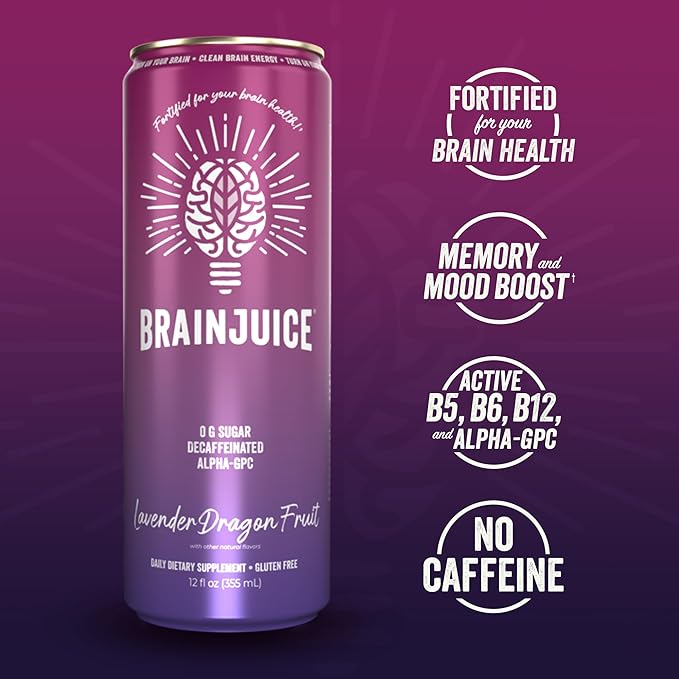 Brainjuice Brain Health Support Drink for Energy & Focus, Vitamin C, B5, B6 & B12, L Theanine, Alpha GPC & Natural Caffeine From Green Tea, Vegan, Gluten Free, Lavender Dragon Fruit, 12 Oz Can, 6 Pack