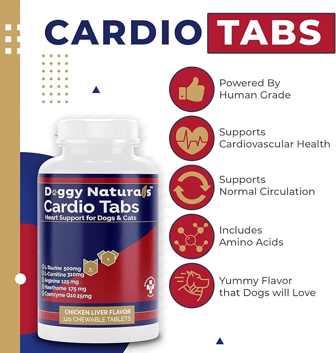 Cardio Tabs Heart Support Supplement for Dogs - Aids Cardio Support and Cardio Strength Supplement for Dog, L-Taurine, L-Carnitine, Hawthorn, L Arginine, Coenzyme Q10 - Made in USA - 120 Tablet
