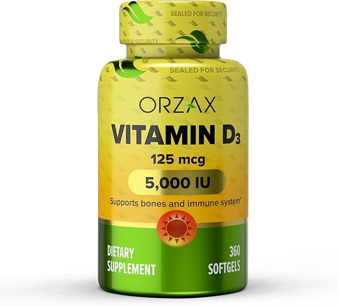 ORZAX Vitamin D3 5000 iu (125 mcg) – Non-GMO, Gluten Free, Sugar Free, Dairy Free – 1 Year Supply for Strong Muscle Function & Immune Support – Mood Supplement for Wellness (360 Softgel)