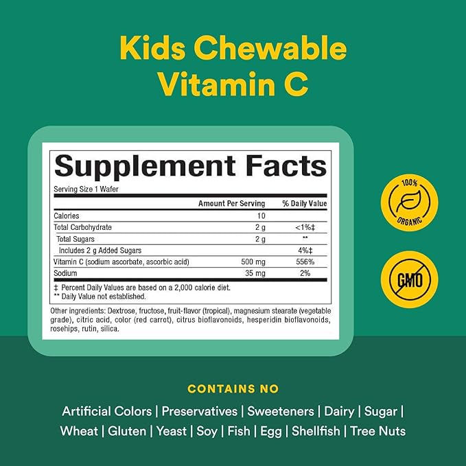 Natural Factors Kids Chewable Vitamin C 500 mg, Supports Immune Health, Bones, Teeth and Gums, Tropical, 90 Wafers