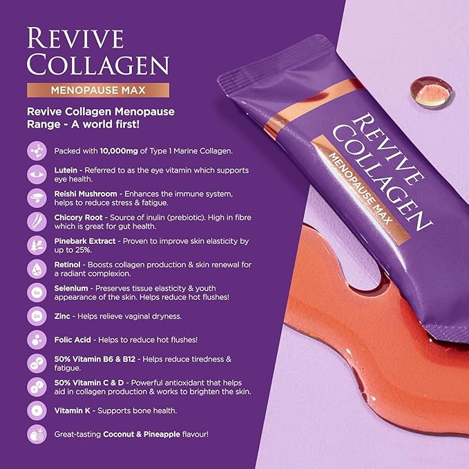 Revive Collagen Menopause Max — Hydrolyzed Marine Collagen Drink for Women, 10,000MG, Lutein, Reishi Mushroom, Vitamin B6, B12, C & D, for Skin & Eye Health, Pineapple & Coconut Flavour — 14 Sachets