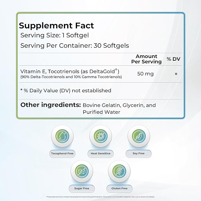 WELLNESS EXTRACT Eannatto Tocotrienols Deltagold Vitamin E Supplements Softgels, Tocopherol Free, Non-GMO, Gluten Free & Antioxidant (50MG 30 Softgels).