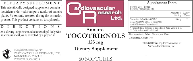 Cardiovascular Research Annatto Tocotrienols Vitamin E New Tamper Resistant Store and Ship Box 125 mg 60 Count