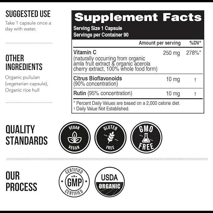 Organic Vitamin C | Whole Food Vitamin C from Fruit Plus Absorption Enhancing Cofactors - Vegan, Enhanced Bioavailability - Immune Support, Antioxidant, Total Health (90 Servings) - 3-Pack