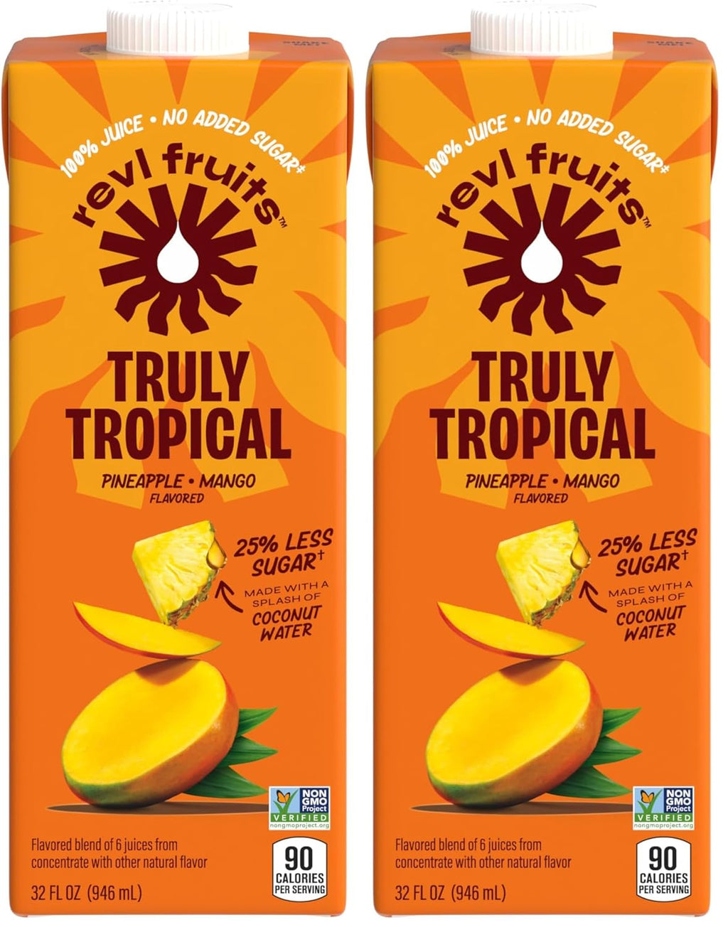Revl Fruits 100% Juice, No Added Sugar, Pineapple Mango, Truly Tropical, 32 fl oz. Carton (Pack of 2)
