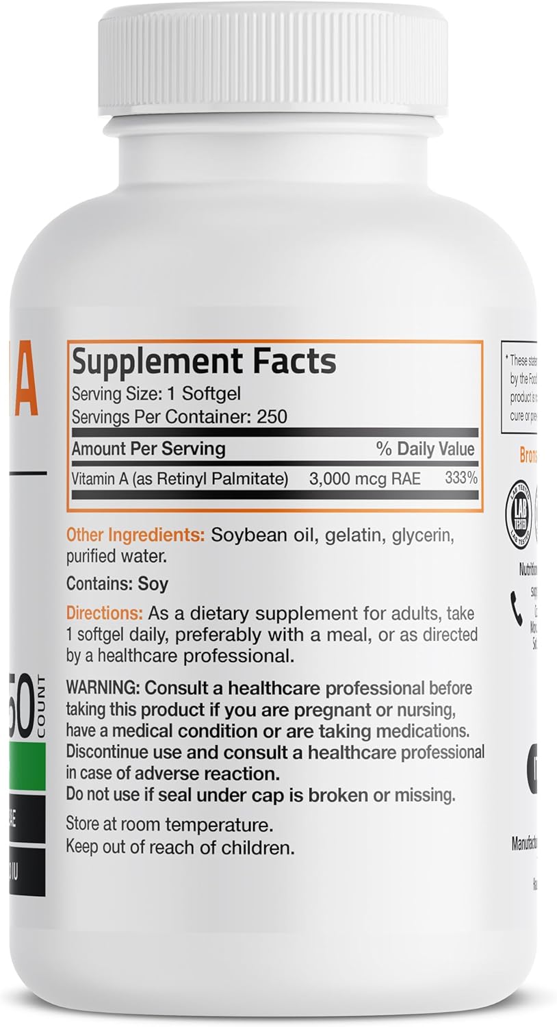 Bronson Vitamin A 10,000 IU Premium Non-GMO Formula Supports Healthy Vision & Immune System and Healthy Growth & Reproduction, 250 Softgels