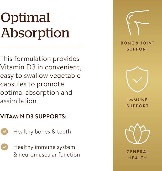 Solgar Vitamin D3 (Cholecalciferol) 125 mcg (5000 IU), 240 Vegetable Capsules - Helps Maintain Healthy Bones & Teeth - Immune System Support - Non-GMO, Gluten Free - 240 Total Servings