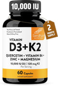 Sandhu's Vitamin D3 K2 Magnesium 10000 IU, 120mcg K2 Capsules 60 Count (Pack of 1) | with VIT B6, Zinc & Quercetin | D3K2 Supports Superior Absorption, Energy, Immune, Muscle Health for Men & Women