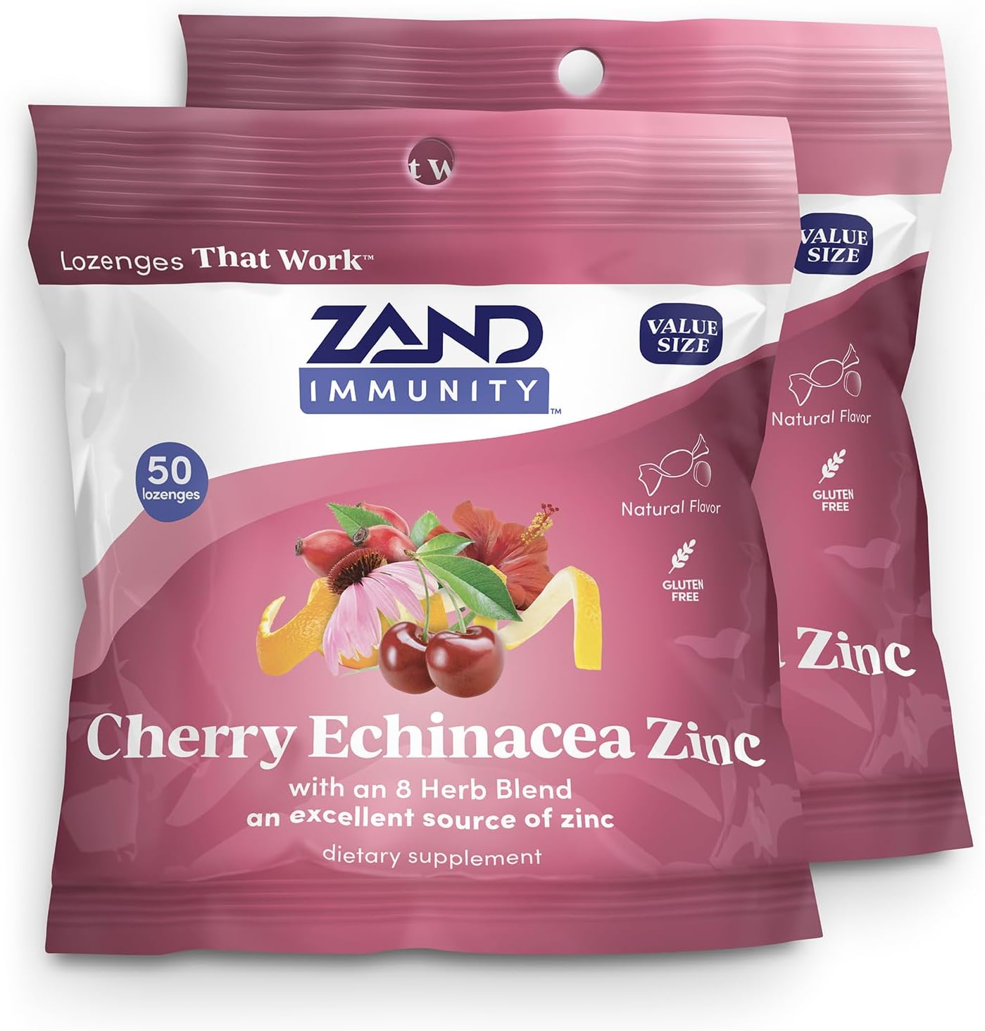 ZAND Immunity Cherry Echinacea Zinc Throat Lozenges 2 Pack - Good-for-You Dry Mouth Lozenges - Immune Support Supplement with Zinc 5mg - Soothe a Dry Throat - Natural Flavor, Gluten Free, 50ct ea
