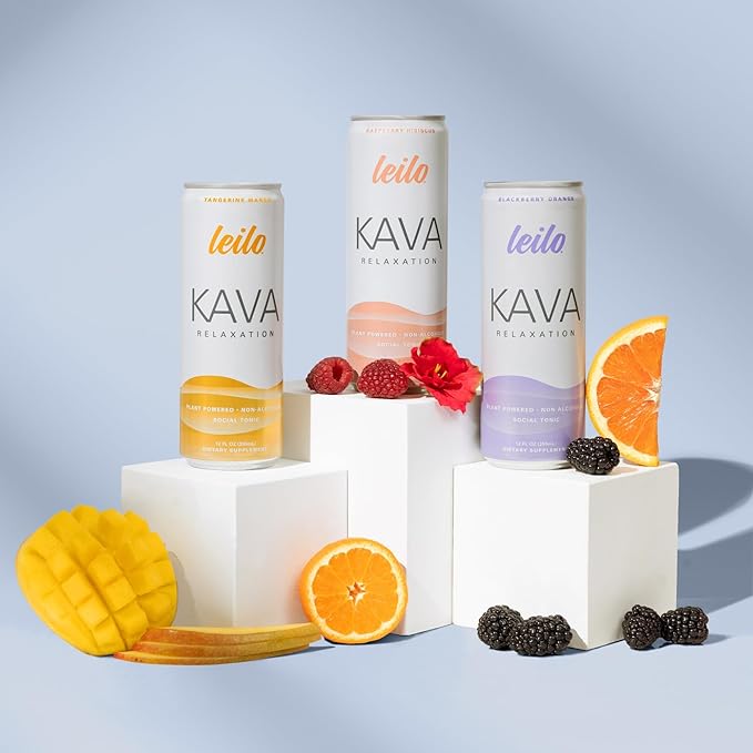 LEILO | Kava Powered Sparkling Relaxation Drink | Classic Variety-Pack - Includes: Raspberry Hibiscus, Tangerine Mango, BlackBerry Orange | 12 fl oz Cans (Pack of 12)