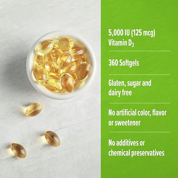 ORZAX Vitamin D3 5000 iu (125 mcg) – Non-GMO, Gluten Free, Sugar Free, Dairy Free – 1 Year Supply for Strong Muscle Function & Immune Support – Mood Supplement for Wellness (360 Softgel)