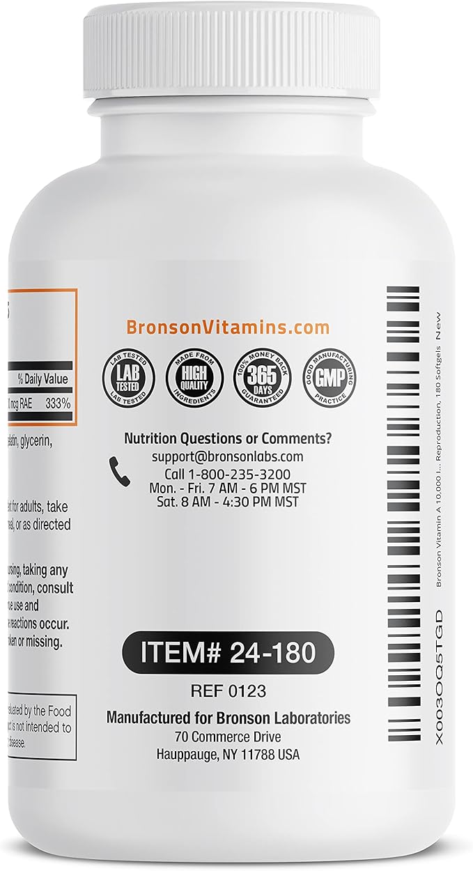Bronson Vitamin A 10,000 IU Premium Non-GMO Formula Supports Healthy Vision & Immune System and Healthy Growth & Reproduction, 180 Softgels