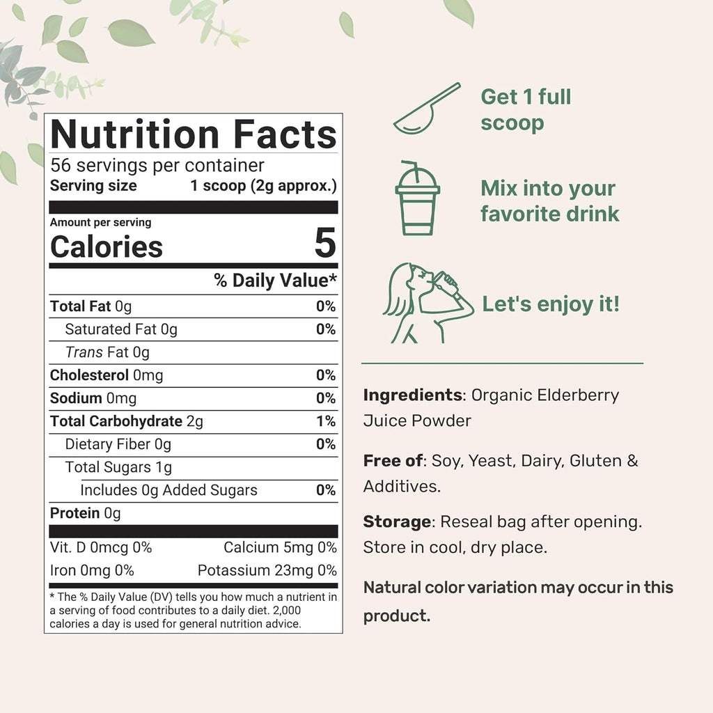 Organic Elderberry Juice Powder, 4oz | 100% Natural Fruit Powder | Cold Pressed European Elderberries | No Sugar & Additives | Great Flavor for Drinks, Smoothie, & Beverages | Non-GMO & Vegan