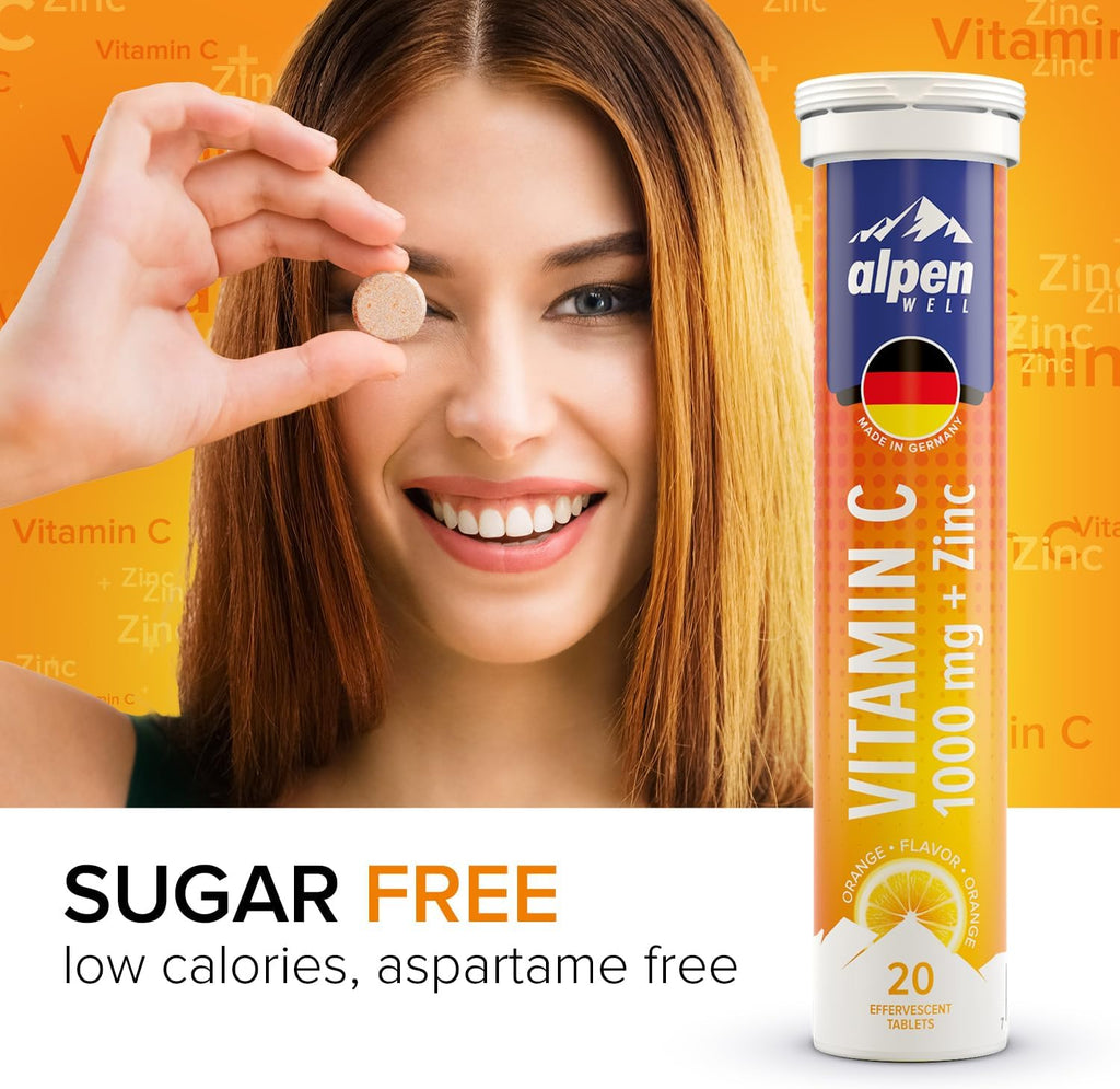𝐁𝐞𝐬𝐭𝐬𝐞𝐥𝐥𝐞𝐫 - AlpenWell Vitamin C - 1000mg + Zinc - Immune Support - 20 Effervescent Vitamin Drink Tablets, No Sugar + Low Calorie Supplement, Orange Flavor [Sugar Free]