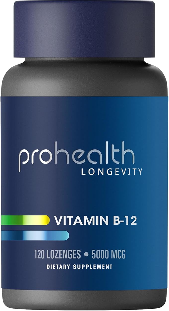 ProHealth Longevity Vitamin B12 Metabolism and Methylation Support. Enhance Energy, Brain and Mood. Potent Methyl Donor Nutrient to Promote DNA Repair. 5,000 mcg Per Serving, 120 Lozenges