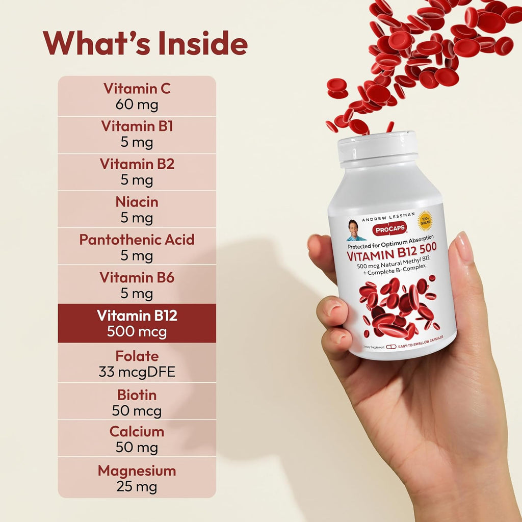 ANDREW LESSMAN Vitamin B12 500 720 Capsules - Absorption-Protected Methylcobalamin (Natural Coenzyme Vitamin B12), Essential for Energy and Stress Support, Plus B-Complex, Easy to Swallow Capsules
