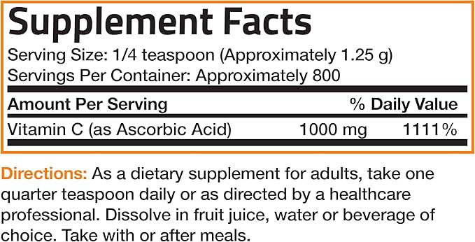 Bronson Vitamin C Powder Pure Ascorbic Acid Soluble Fine Non GMO Crystals – Promotes Healthy Immune System and Cell Protection – Powerful Antioxidant - 1 Kilogram (2.2 Lbs)