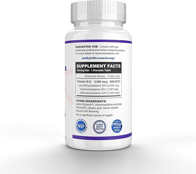 Methyl-Life B12 Complete Professional Strength Active B12 3 Months Supply. Chewables. 2.5 mg Methylcobalamin Methyl, 1.25mg Hydroxy B12 and 1.25 mg Adenosylcobalamin