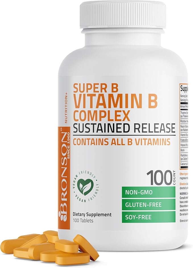 Bronson Super B Vitamin B Complex Sustained Slow Release (Vitamin B1, B2, B3, B6, B9 - Folic Acid, B12) Contains All B Vitamins 100 Tablets