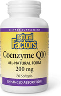 Natural Factors Coenzyme Q10 200 mg, Natural Coenzyme Q10 Supplement for Energy, Heart and Cognitive Support, 60 Softgels