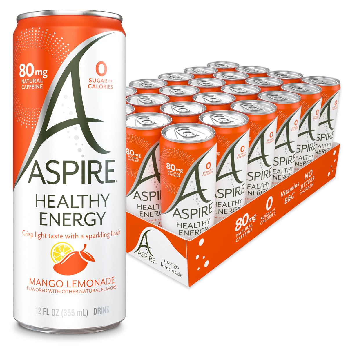 ASPIRE® Mango Lemonade, Healthy Energy Drink 80mg Natural Caffeine, Zero Sugar No Carbs Keto Friendly, 24 Pack Green Tea Sugar Free Drink Low Caffeine Zero Calorie