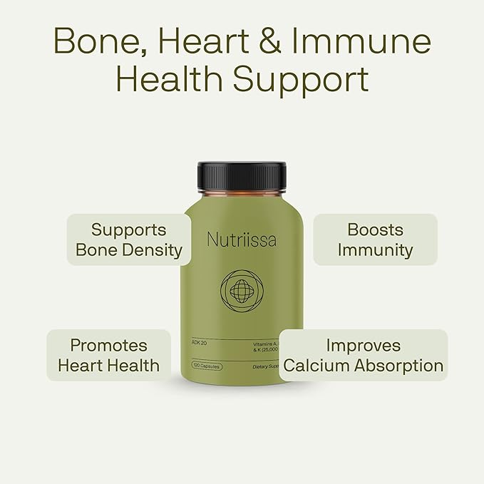 Nutriissa ADK 20 - Immune & Bone Health Support with Vitamins A, D & K (25,000 IU) - 4-Month Supply - EPEB Certified for Purity & Potency - 120 Vegan Capsules