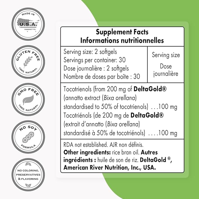 Supersmart Annatto Tocotrienols 100mg per Day (DeltaGold Vitamin E) - Tocotrienols Supplement | Non-GMO & Gluten Free - 60 Softgels