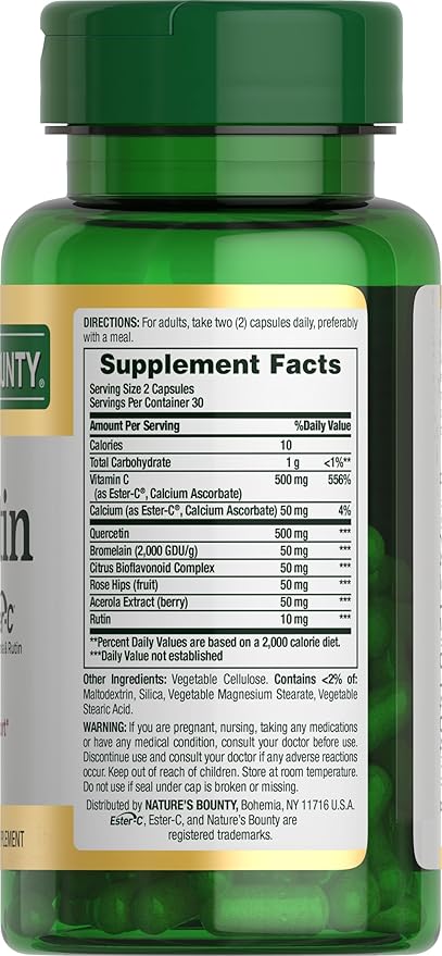 Nature's Bounty Quercetin, Immune Support, 500mg, with Vitamin C, Rose Hips, & Rutin, 60 Count (Pack of 3)