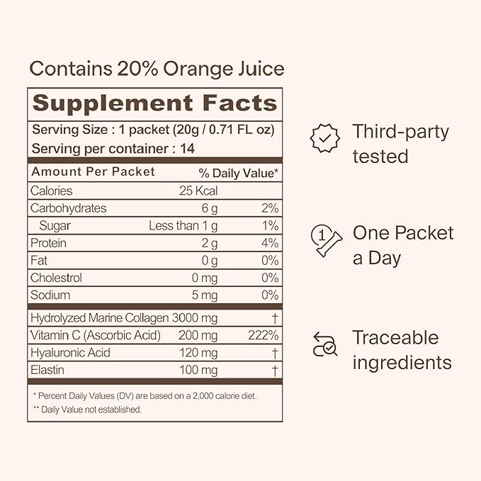Ownist Triple Collagen Liquid Packets On-The-Go - Peptides with Hydrolyzed Marine Collagen, Elastin, Hyaluronic Acid and Vitamin for Healthy Skin - Orange Flavor - 14 Individual Stick Packs