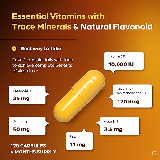 Sandhu's Vitamin D3 K2 Magnesium 10000 IU, 120mcg K2 Capsules 120 Count (Pack of 2) | with VIT B6, Zinc & Quercetin | D3K2 Supports Superior Absorption, Energy, Immune, Muscle Health for Men & Women