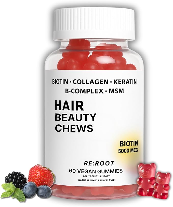 RE:ROOT Hair Beauty Gummies – 5000 mcg Biotin, Collagen, Keratin, MSM – Hair, Skin & Nails Support – Vegan – Berry Flavor – 60 Gummies