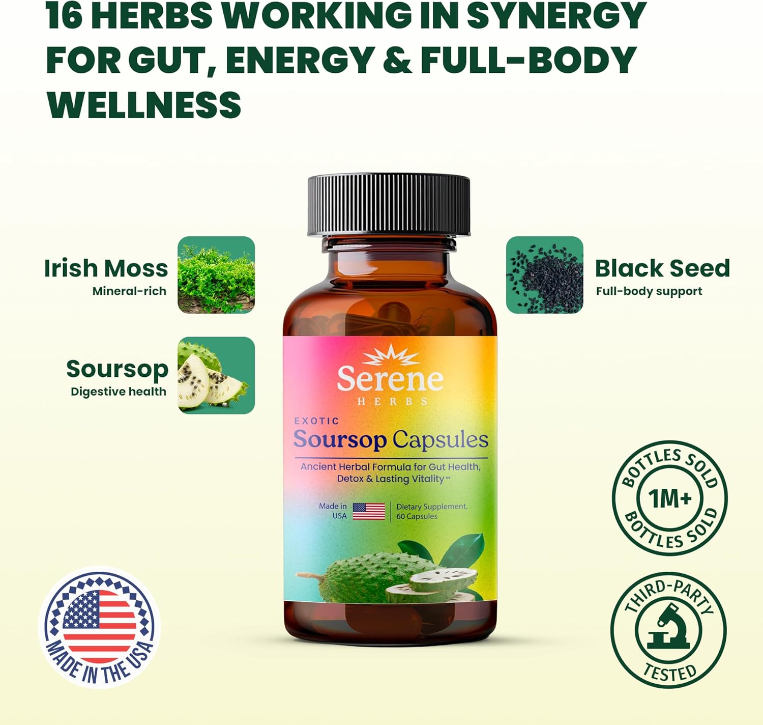 Serene Herbs Graviola Soursop Capsules Organic - Guanabana Extract Pills with Black Seed, Irish Moss & Moringa - 16 Herb Daily Supplements & Digestive Support - Vegan, Non-GMO - 7,000 mg - 60 Count