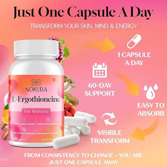 L-Ergothioneine with Collagen Peptides, Hyaluronic Acid | 2X Antioxidant of Glutathione | 11-in-1 Mushrooms Supplement for Women | Skin, Brain, Immune, Cognitive Support | 120 Capsules