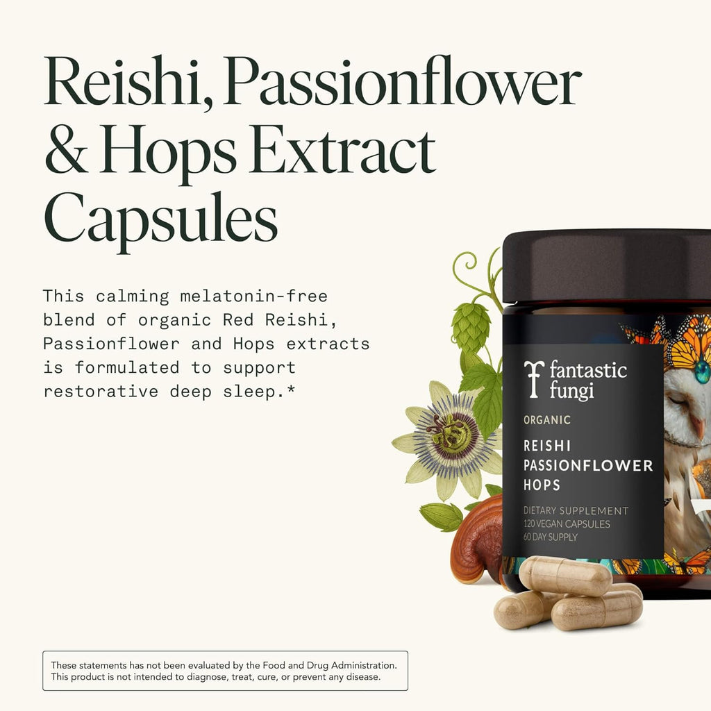 Mushroom Supplement with Reishi, Passionflower & Hops extracts - Sleep Supplements for Adults, Adaptogenic Capsules, 100% USDA Organic Mushrooms Complex - Vegan - Glass Jar, 120 Caps, 2 Month Supply