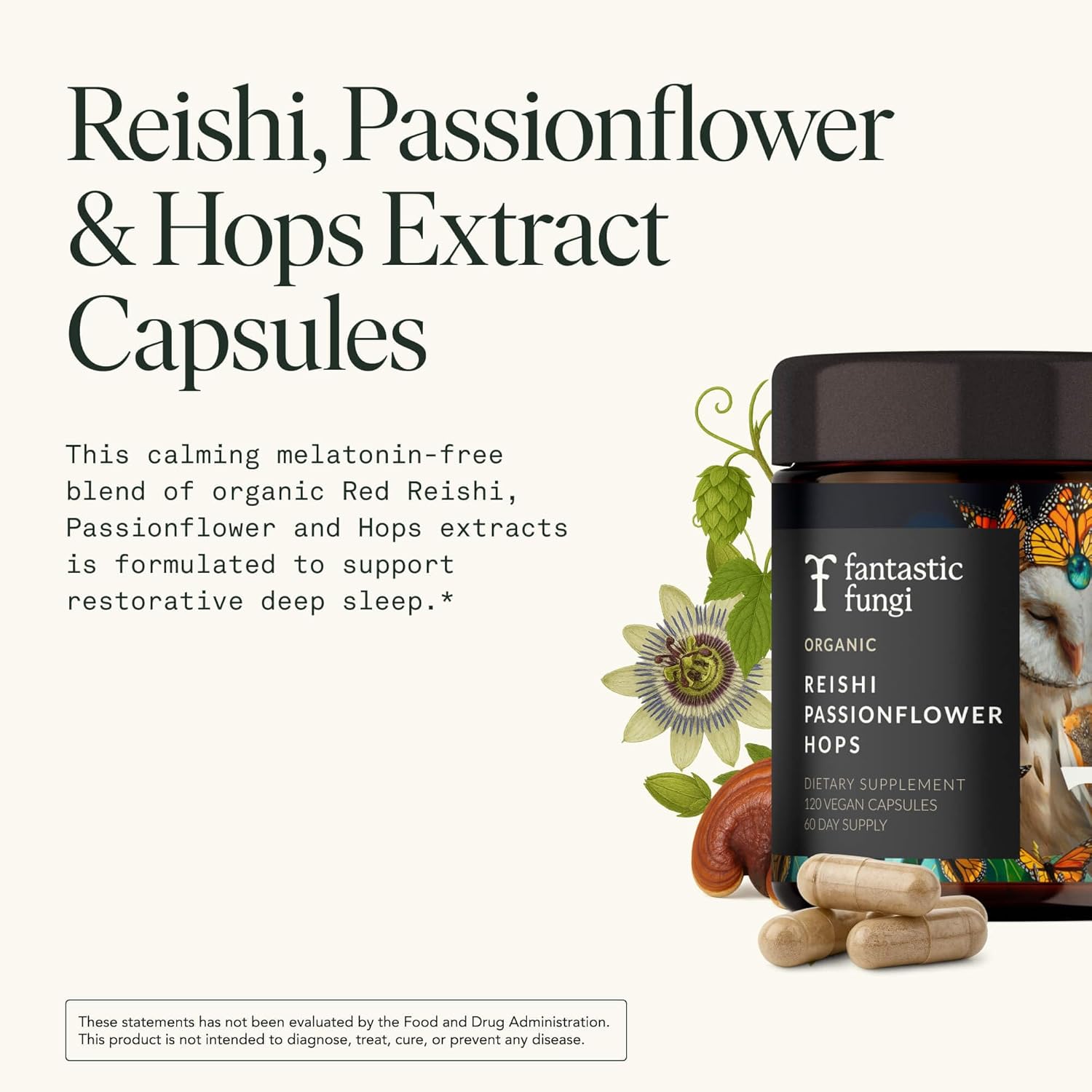 Mushroom Supplement with Reishi, Passionflower & Hops extracts - Sleep Supplements for Adults, Adaptogenic Capsules, 100% USDA Organic Mushrooms Complex - Vegan - Glass Jar, 120 Caps, 2 Month Supply