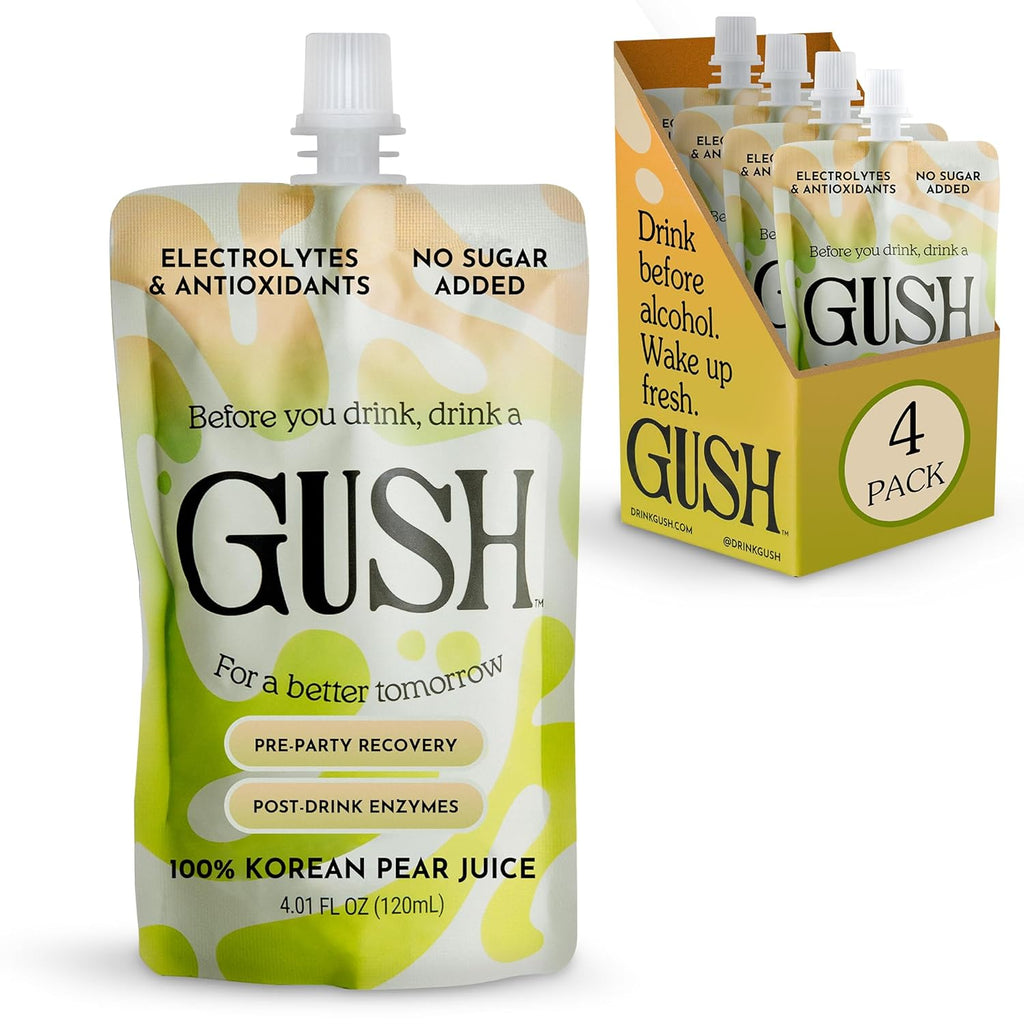 GUSH Pre-Drink Korean Pear Drink - (4 Pack) Pear Hydration Pouch with Enzyme Activation - Prevent Drinking Aftereffects - All Natural, Gluten-Free