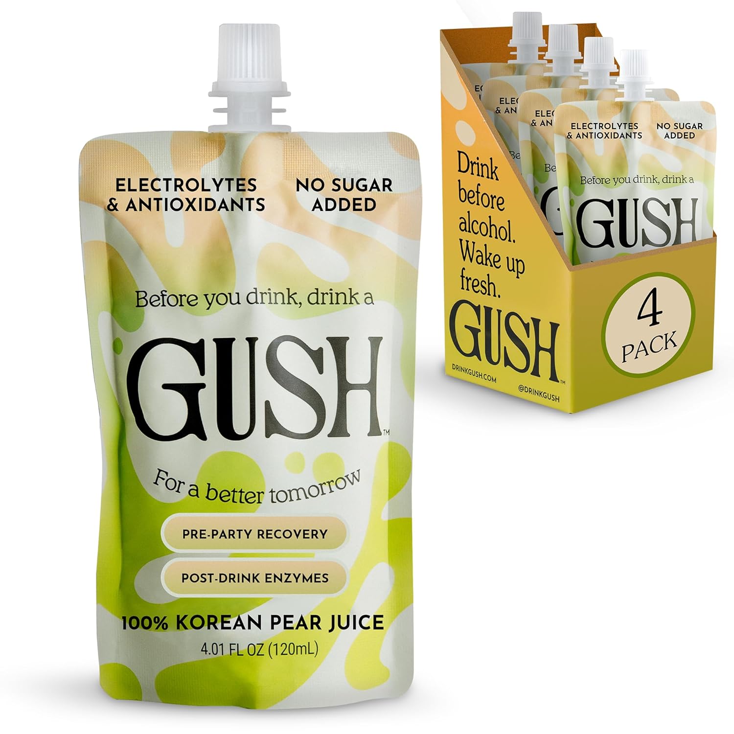 GUSH Pre-Drink Korean Pear Drink - (4 Pack) Pear Hydration Pouch with Enzyme Activation - Prevent Drinking Aftereffects - All Natural, Gluten-Free