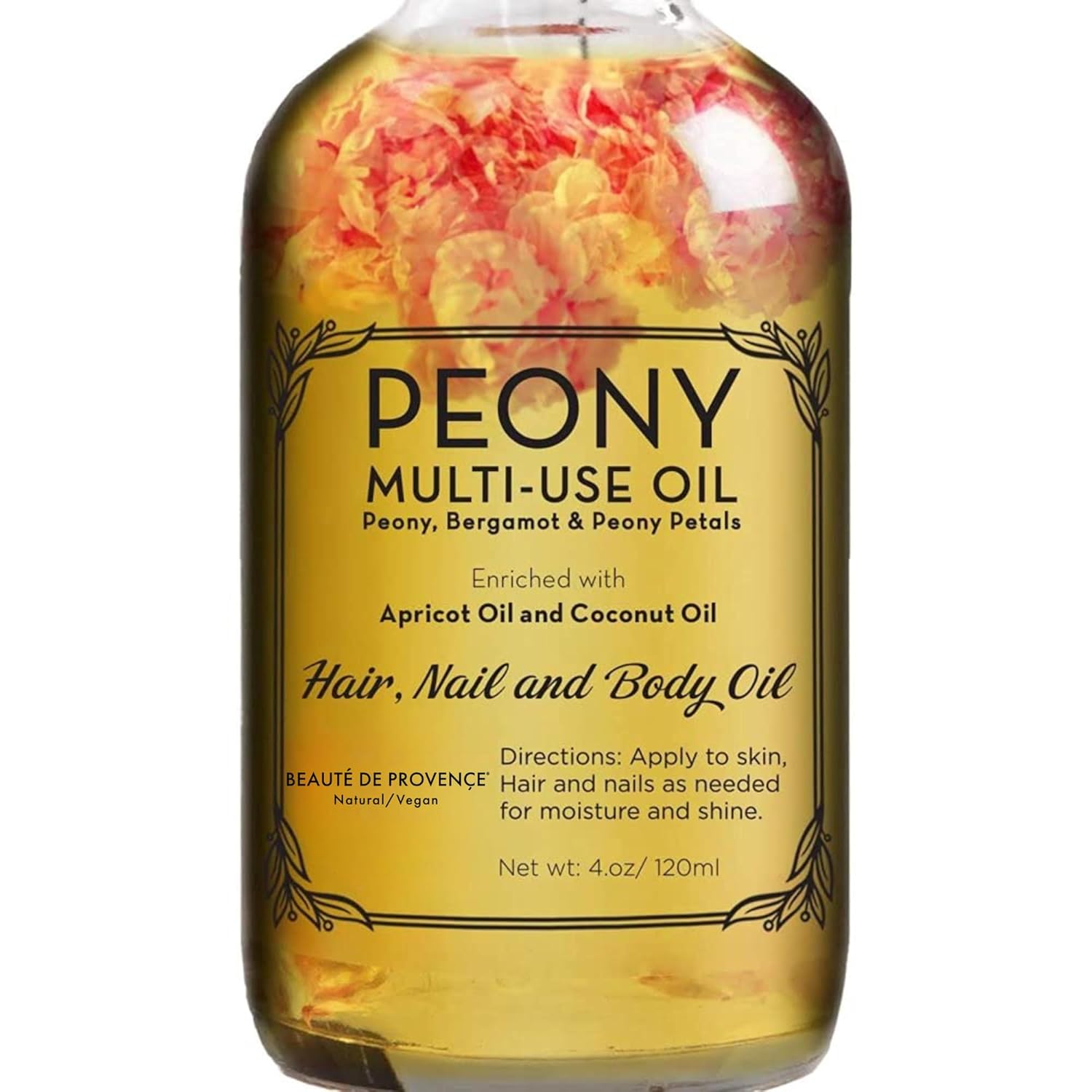 BEAUTE DE PROVENCE Peony Multi-Use Oil for Face, Body and Hair - Organic Blend of Apricot, Vitamin E Sweet Almond Oil for Dry Skin, Rose Petals & Bergamot Essential Oil - 4 Fl Oz