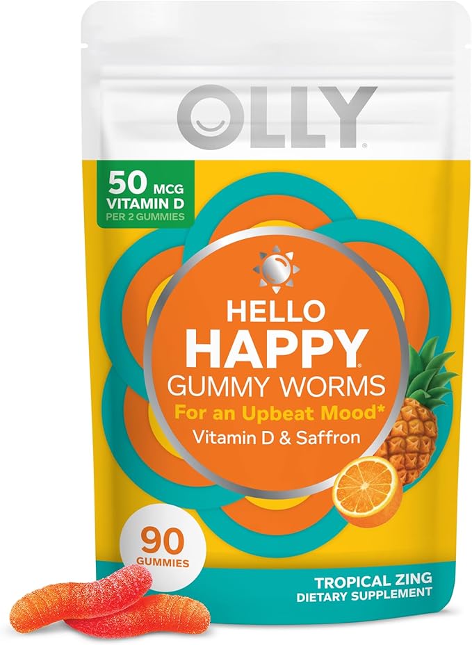 OLLY Hello Happy Gummy Worms, Mood Balance Support, Vitamin D, Saffron, Adult Chewable Supplement, Gluten Free, Tropical Zing - 90 Count