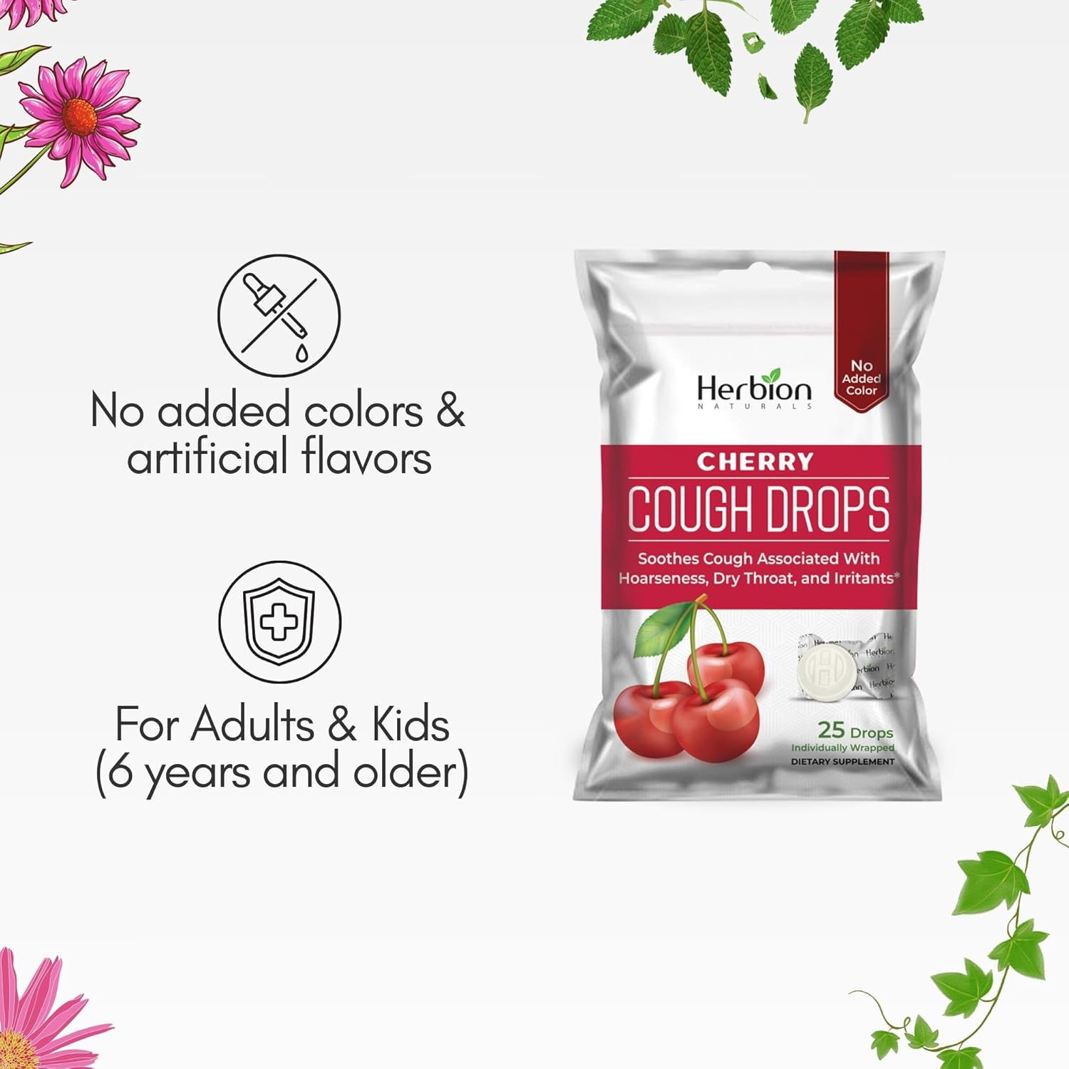 HERBION Naturals Cough Drops with Natural Cherry Flavor, Dietary Supplement, Soothes Cough, for Adults and Children Over 6 Years, 25 Drops, No Artificial Flavor, 125 Lozenges, Pack of 5