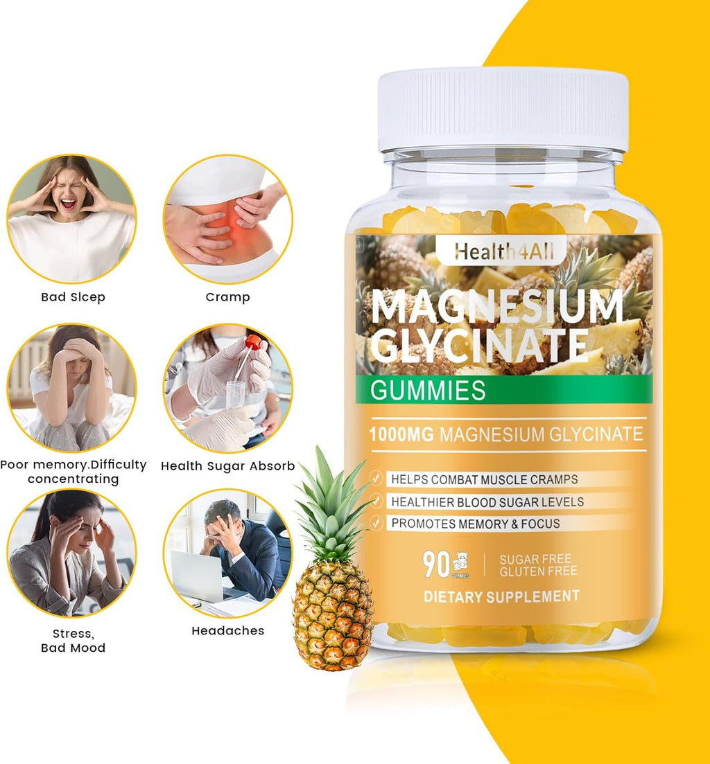 Magnesium Glycinate Gummies 1000mg, High Absorption Sugar Free Magnesium Potassium Supplement for Relaxation, Stress Relief, and Sleep Support for Adults & Kids - 90 Pineapple Gummies