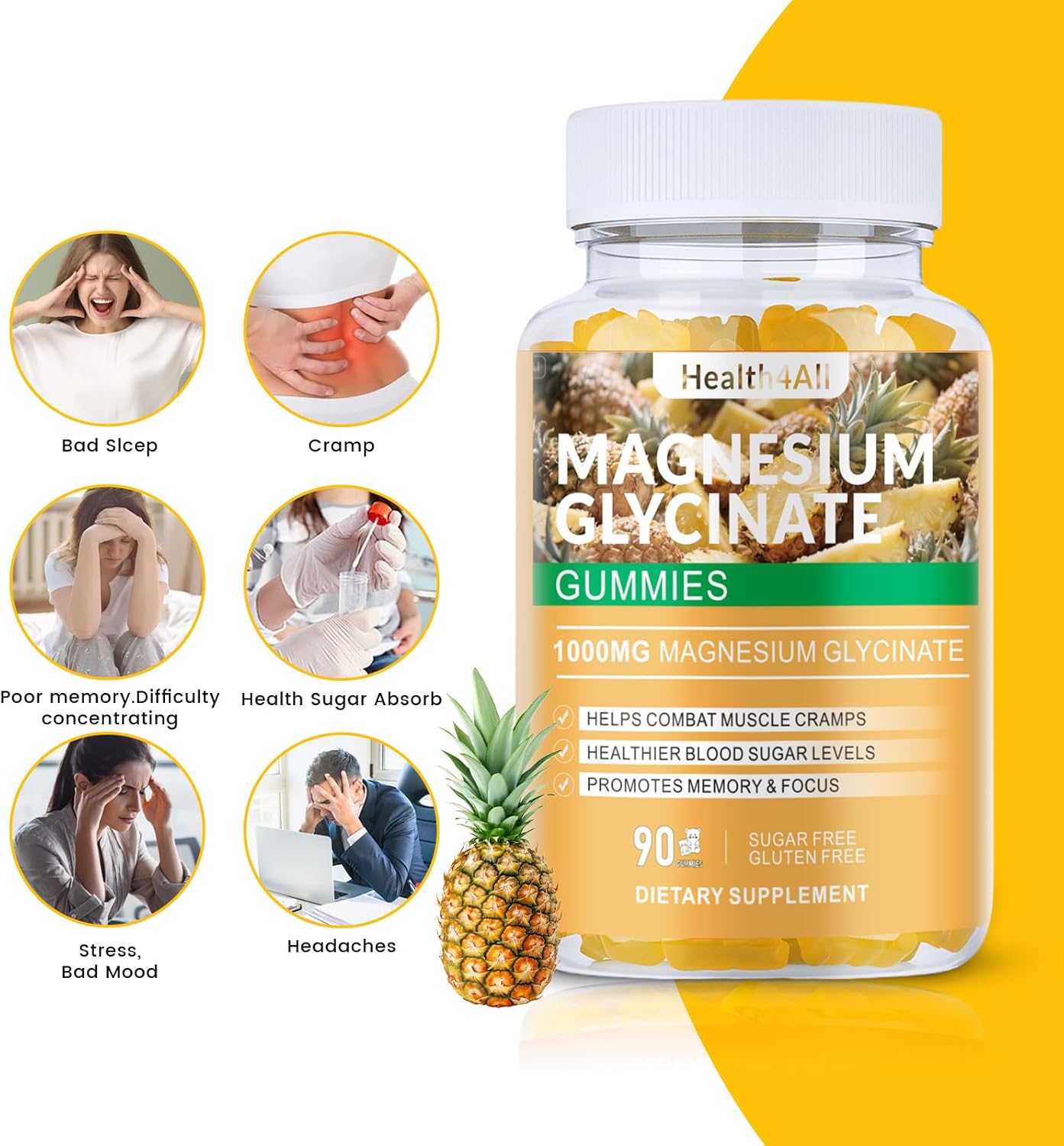 Magnesium Glycinate Gummies 1000mg, High Absorption Sugar Free Magnesium Potassium Supplement for Relaxation, Stress Relief, and Sleep Support for Adults & Kids - 90 Pineapple Gummies