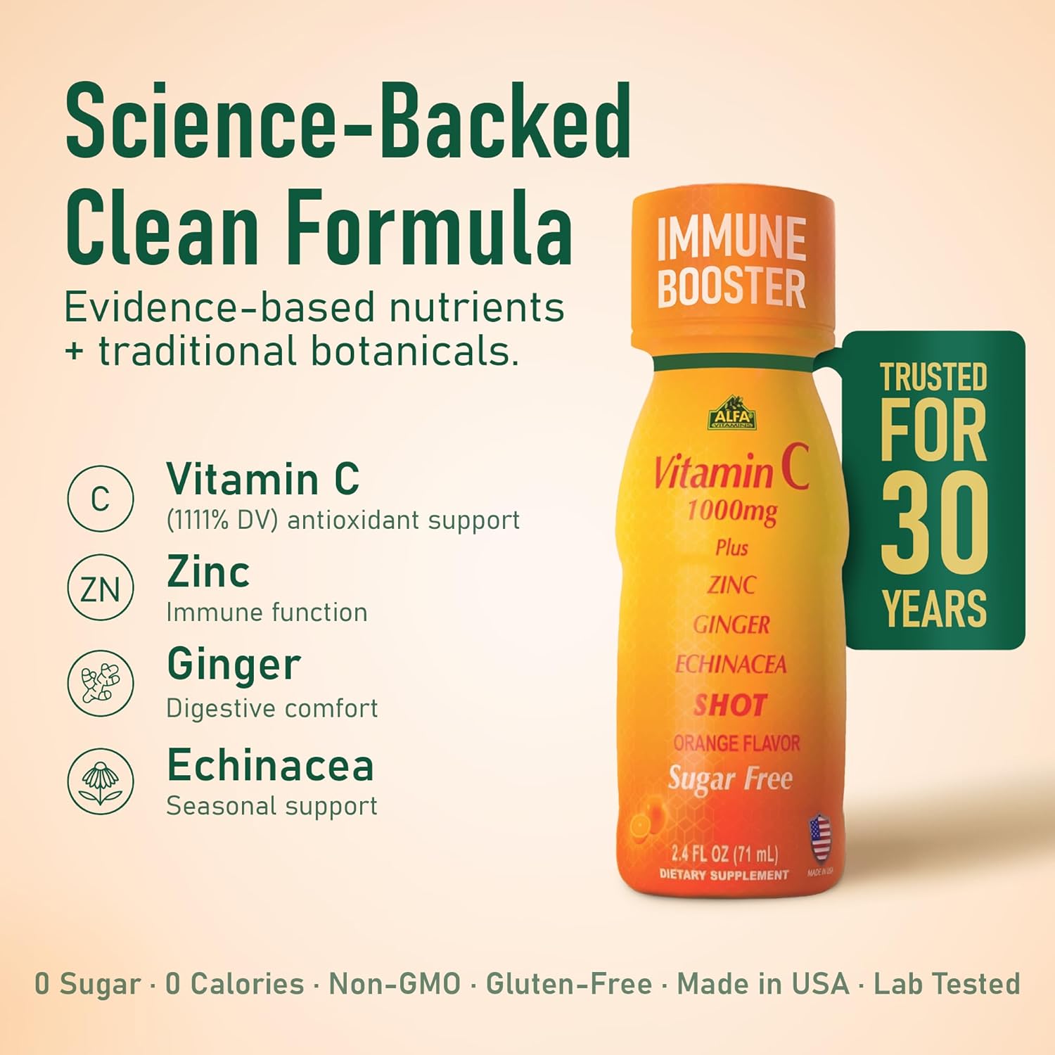 ALFA VITAMINS Vitamin C Shot 1000mg with Zinc, Ginger & Echinacea – Supports Immune Health & Daily Wellness – Orange Flavor – 2.4 FL Oz Bottle – 80 Pack