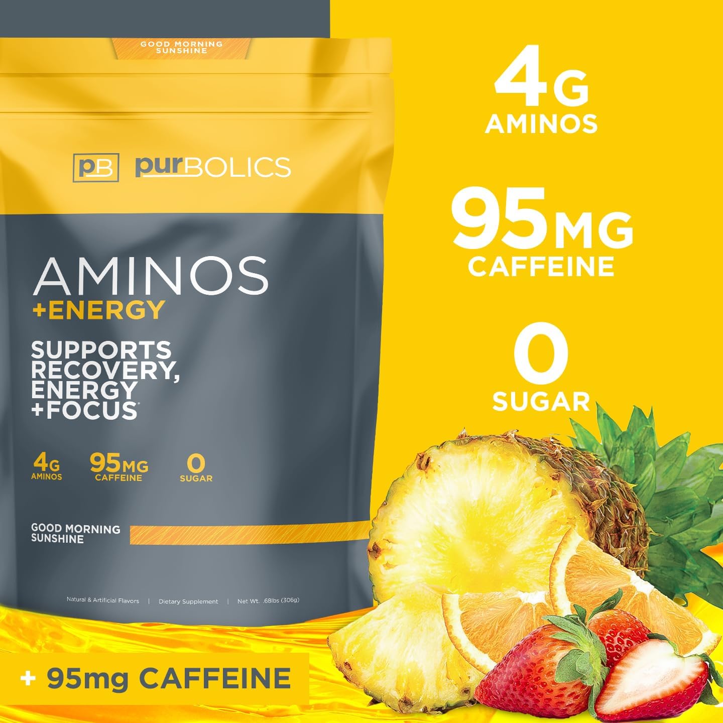 Purbolics Aminos + Energy | Supports Recovery, Energy & Focus | 95mg of Caffeine, 0 Sugar & 60 Servings (Good Morning Sunshine)