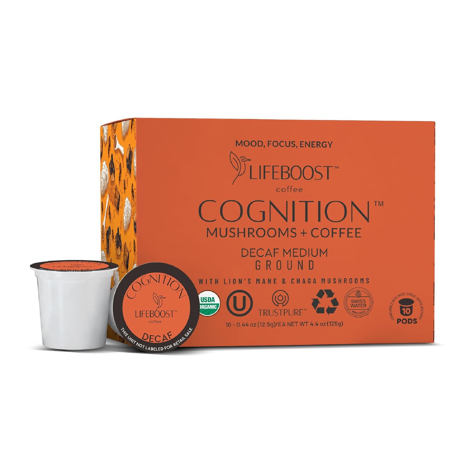 Lifeboost Cognition Decaf Mushroom Coffee Pods – Organic Low Acid Decaf K-Cups with Lion’s Mane & Chaga Adaptogens – Nootropic Coffee for Focus, Energy & Immune Support – 10 Count